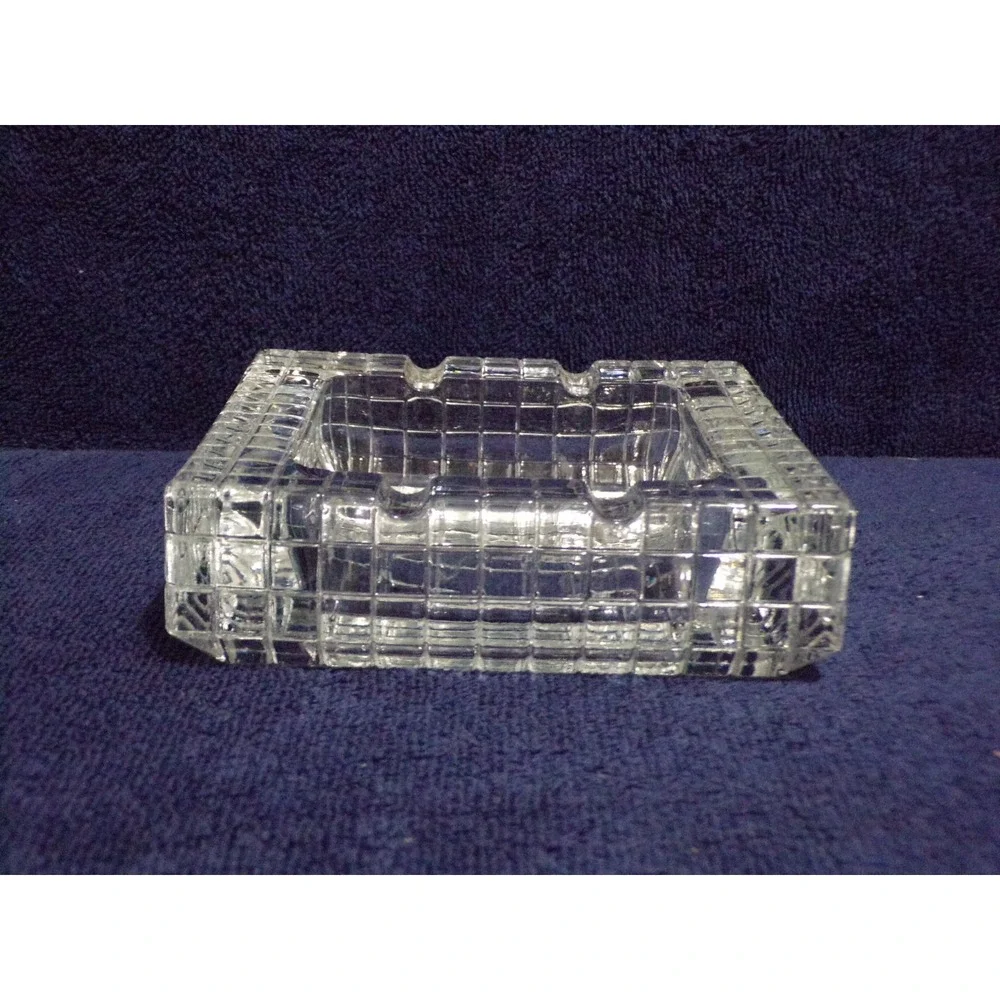 Art Deco Heavy Crystal Glass Square Checkered or Gridded Pattern Ashtray 5 3/4